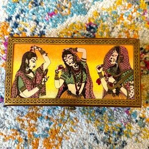 Vintage wooden Jewelery box  with Gem color enamel painting